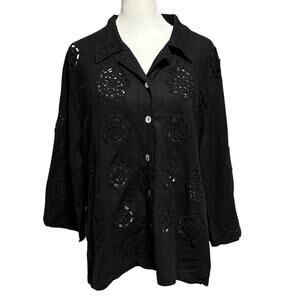 Stonebridge Size XL Button Front Linen Top Shirt Crochet Details Black
